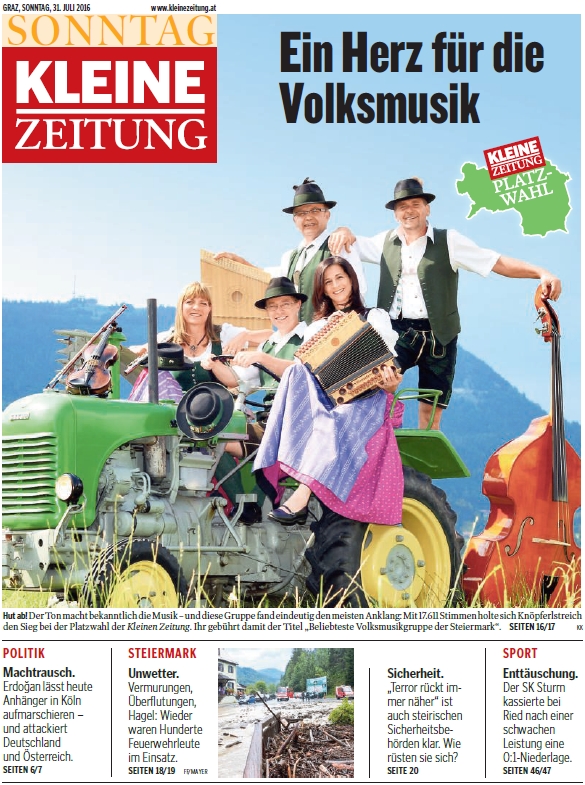 Titelseite der Kleinen Zeitung vom 31. Juli 2016 mit dem Knöpferlstreich als Sieger der Platzwahl